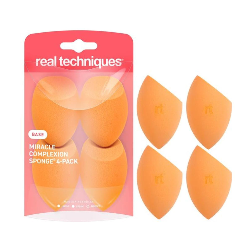 Real Techniques Miracle Complexion Sponge 4 Pack, Makeup Blending Sponges For Liquid & Cream Foundation & Skin Tints, Buildable Coverage, Natural, Dewy Base, Cruelty- Free, Latex-Free Foam