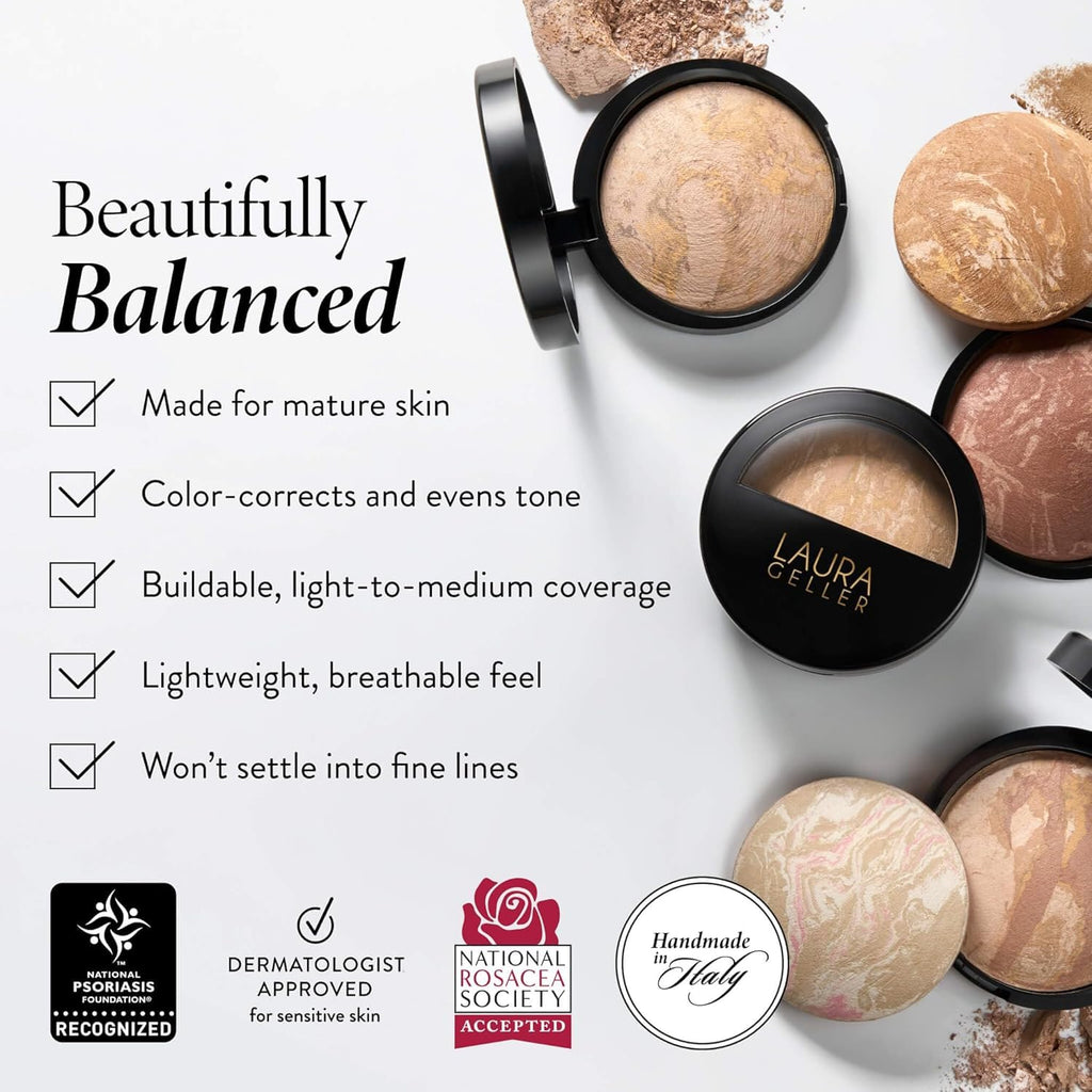 LAURA GELLER NEW YORK Award-Winning Baked Balance-n-Brighten Color Correcting Powder Foundation - Fair - Buildable Light to Medium Coverage - Demi-Matte Natural Finish
