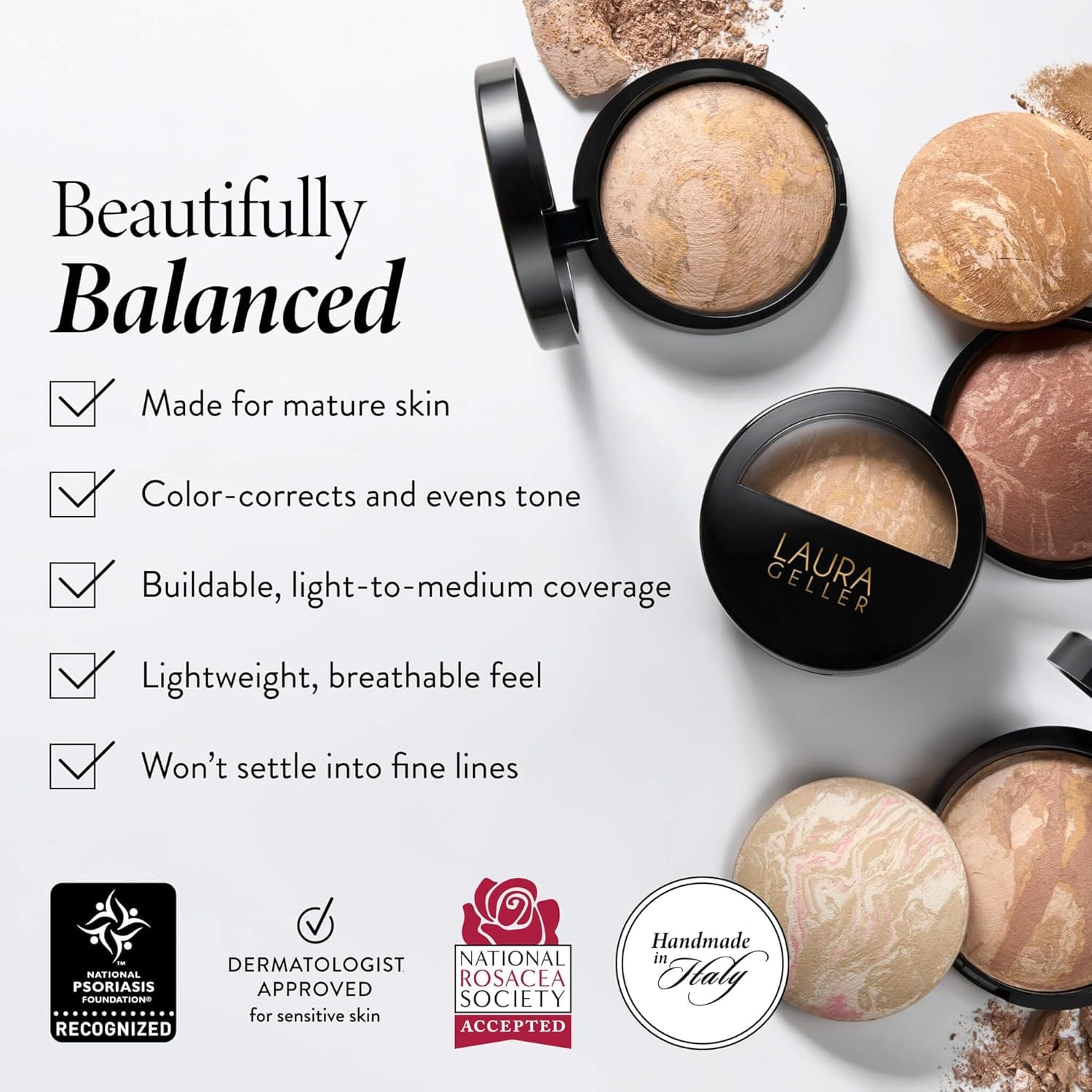 LAURA GELLER NEW YORK Award-Winning Baked Balance-n-Brighten Color Correcting Powder Foundation - Fair - Buildable Light to Medium Coverage - Demi-Matte Natural Finish