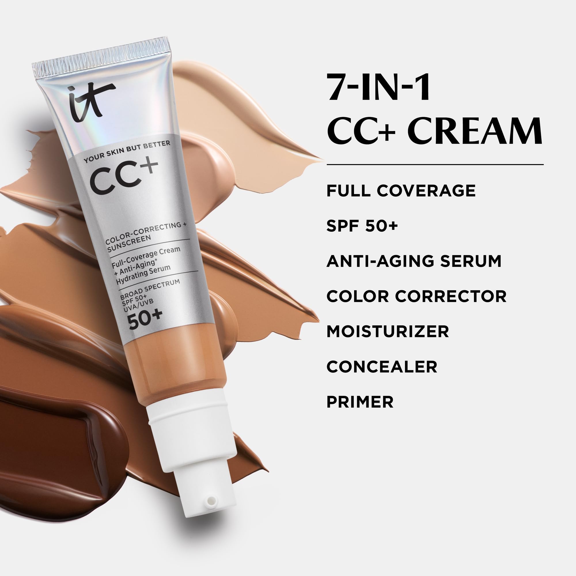 IT Cosmetics CC+ Cream - Natural Full Coverage Foundation With SPF 50+, Color Corrector & Anti-Aging Hydrating Serum, Hyaluronic Acid + Peptides, Lightweight Up To 24H Wear, All Skin Types